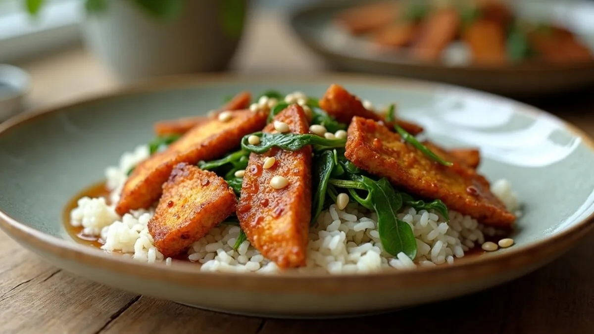 Tempeh recipes on a plate: golden maple-soy glazed tempeh over rice with greens and sesame