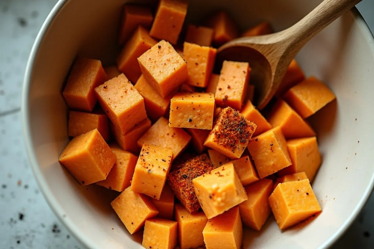 Pressed tofu cubes and evenly diced sweet potato ready for a tofu and sweet potato recipe