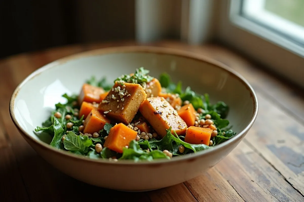 A finished tofu and sweet potato recipe bowl with grains, greens, and tahini drizzle