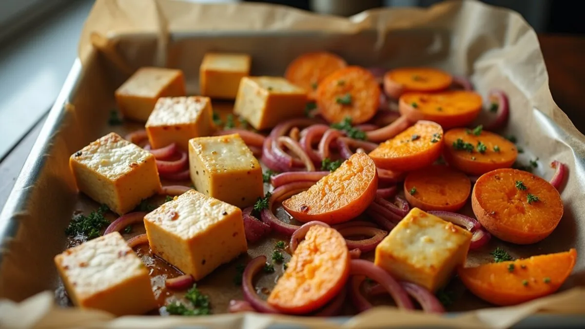 A sheet-pan tofu and sweet potato recipe: roasted tofu cubes and caramelised sweet potato with herbs