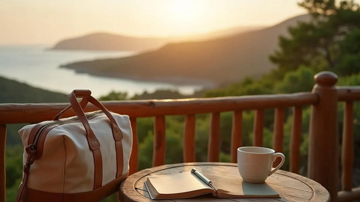A slow-travel balcony at golden hour with a packed canvas bag, tea and an open notebook overlooking a calm coast