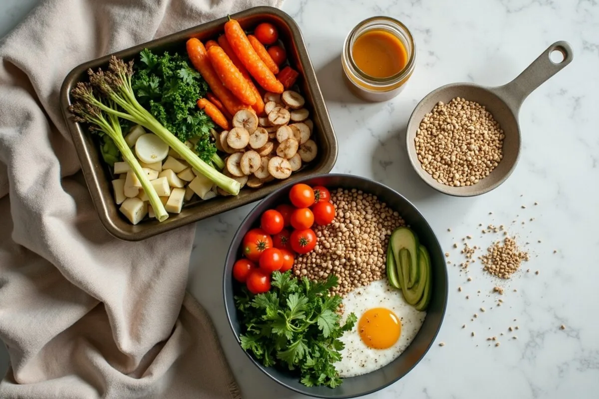 Buddha bowl components laid out separately on a linen cloth: cooked brown rice, roasted chickpeas, cubed sweet potato, shredded red cabbage, sliced cucumber, avocado, and a small dish of sesame seeds.