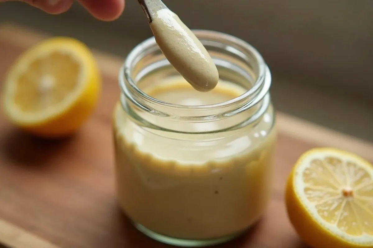 A small glass jar of tahini lemon dressing being whisked with a fork, pale and creamy, beside a halved lemon and a spoon of tahini on a wooden board.