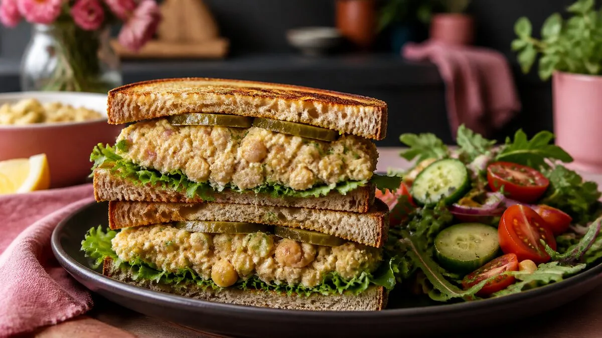 A toasted vegan chickpea tuna salad sandwich with greens and side salad