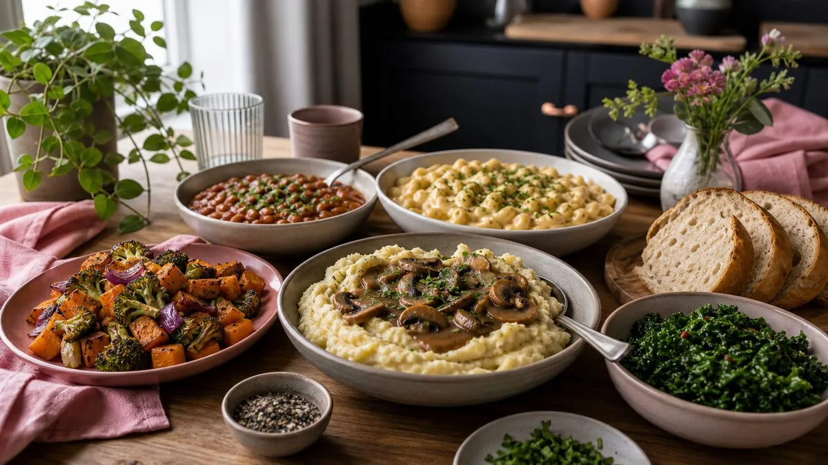 A long table of plant-based dishes for sharing