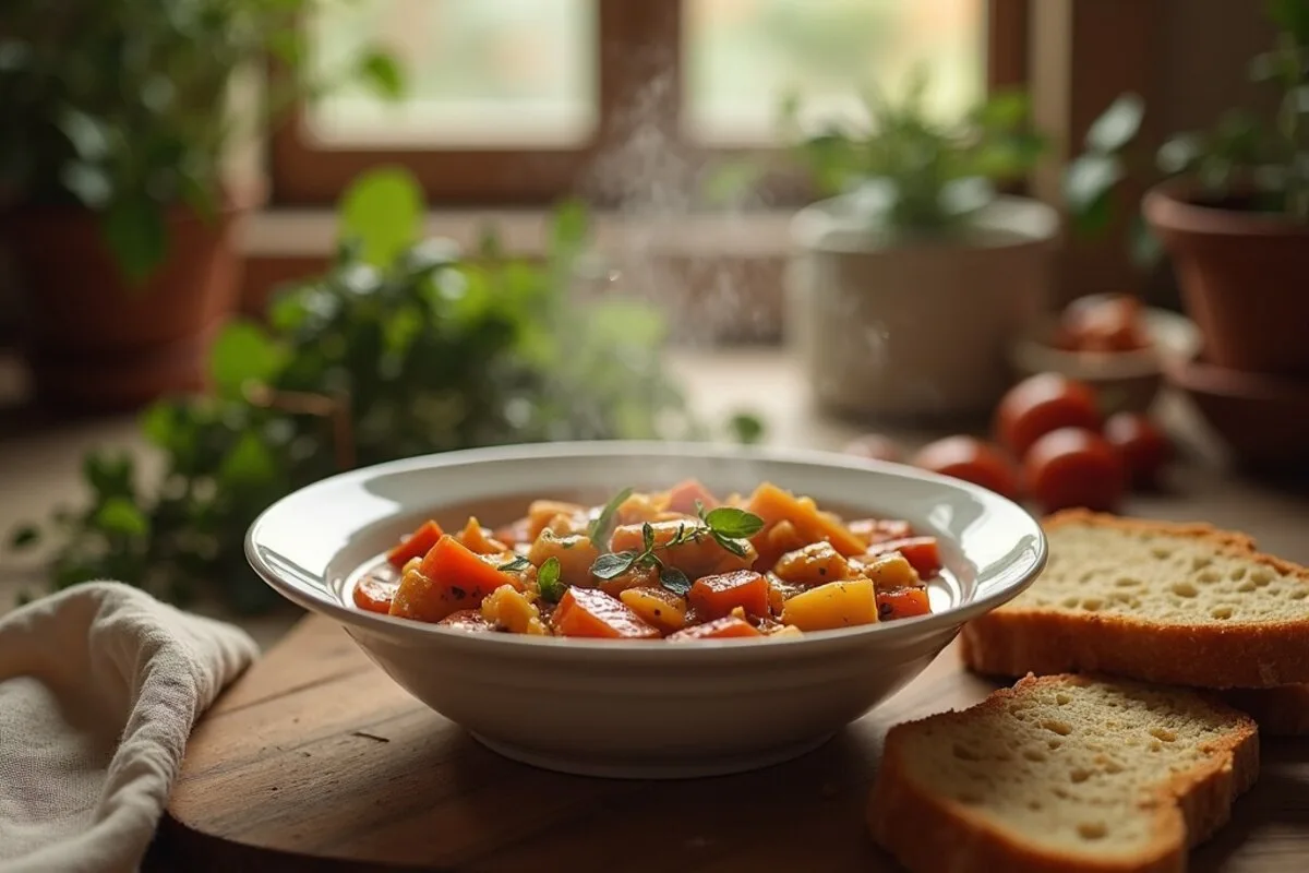 A cozy vegan dinner on a rustic table, a steaming bowl of vegetable stew with crusty bread in warm evening light