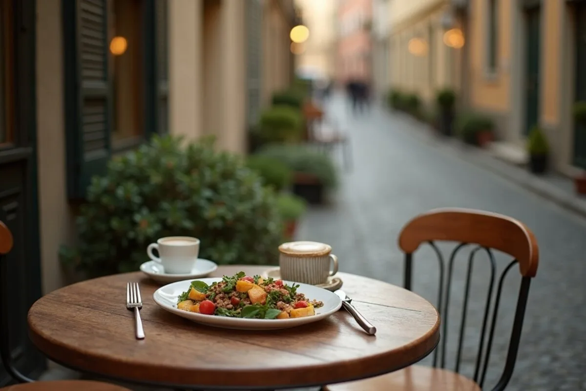 A charming European cafe terrace with a vegan brunch plate and coffee, cobbled street softly blurred in warm light