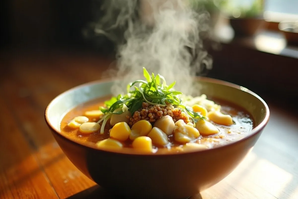 Vegan food in Japan: a bowl of rich vegetable and tofu ramen with corn, spring onion, nori and bamboo shoots