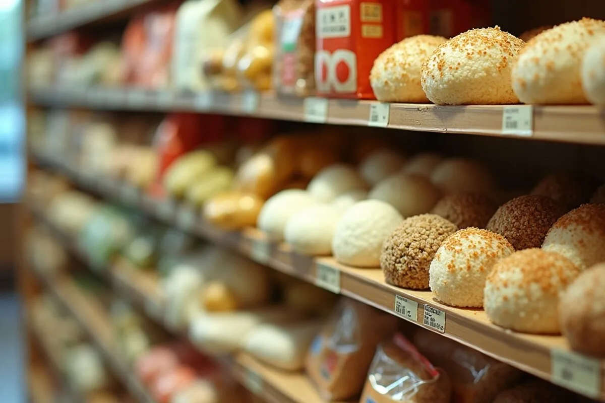 Vegan snacks in Japan: a convenience store shelf with neat rows of onigiri rice balls and packaged snacks