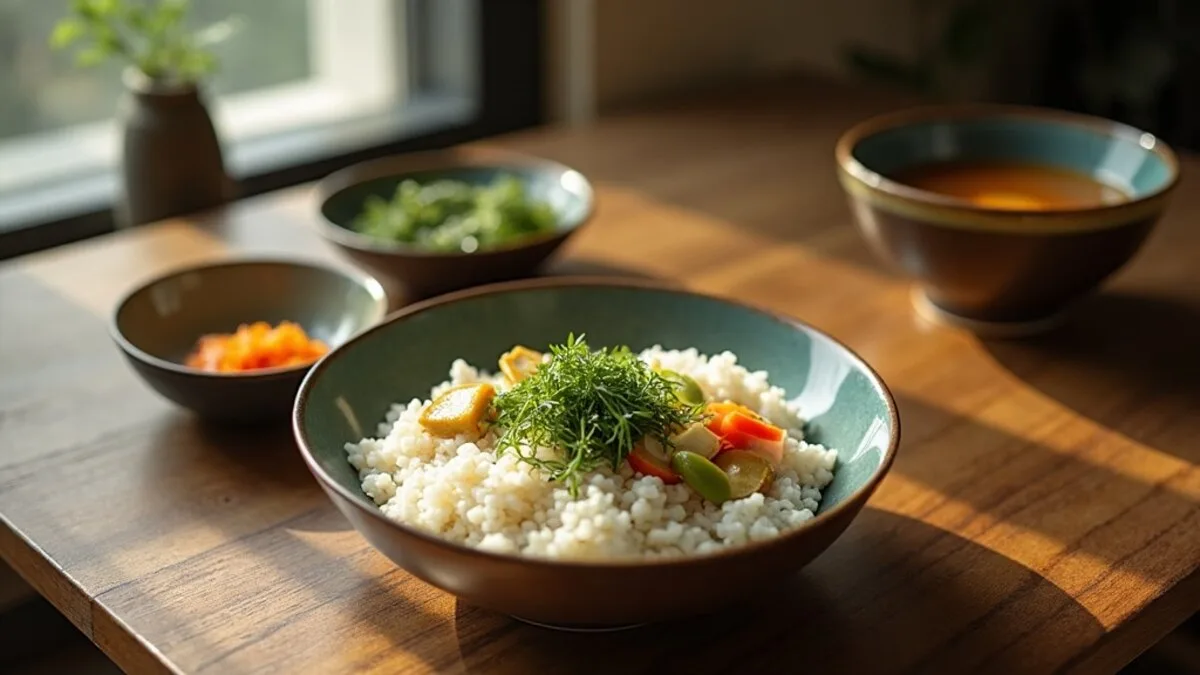 Vegan in Japan: a Japanese meal set with miso soup, steamed rice, agedashi tofu, edamame, pickled vegetables and seaweed salad