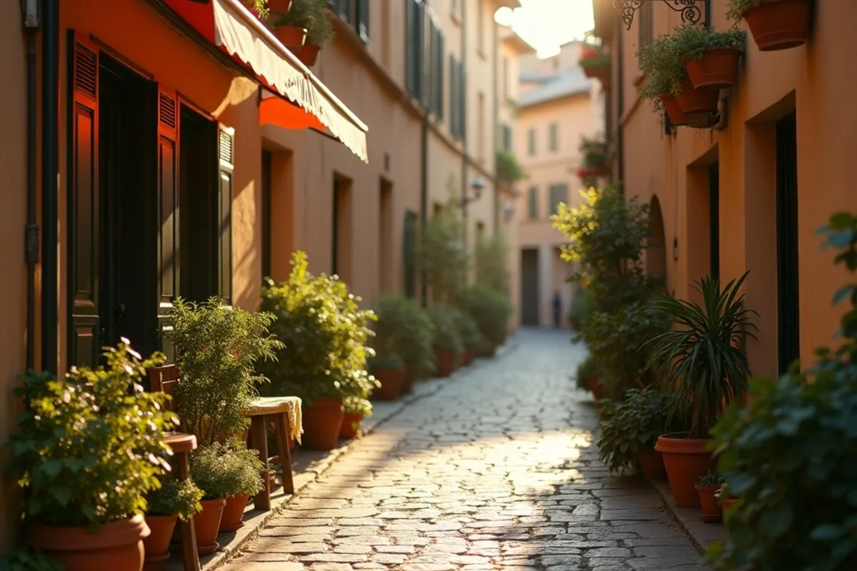 A quiet cobbled Italian street at golden hour, narrow and lined with shuttered stone buildings, with a small trattoria awning extending over a couple of empty outdoor tables and warm light spilling from the doorway.