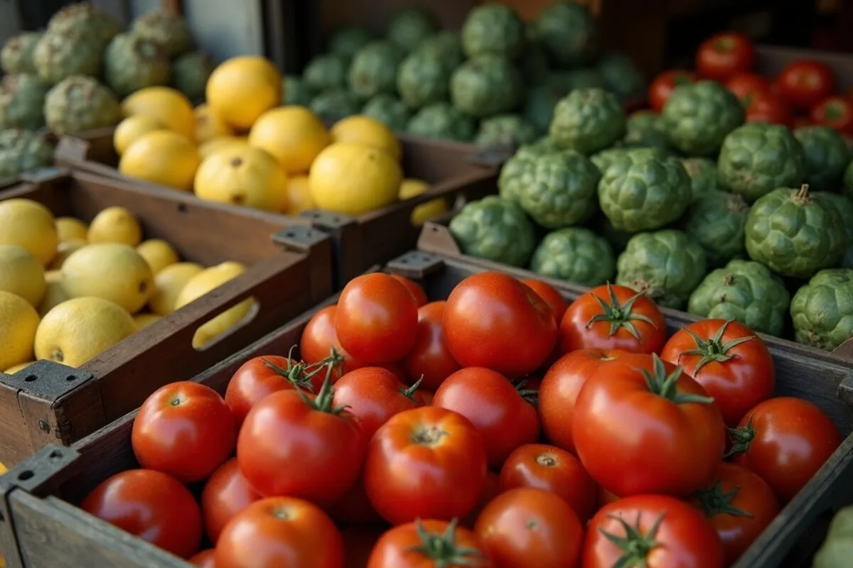 An Italian market stall in morning light, crates piled with ripe red tomatoes, trimmed purple artichokes, bright yellow lemons with leaves still attached, and bunches of leafy green herbs and salad leaves.
