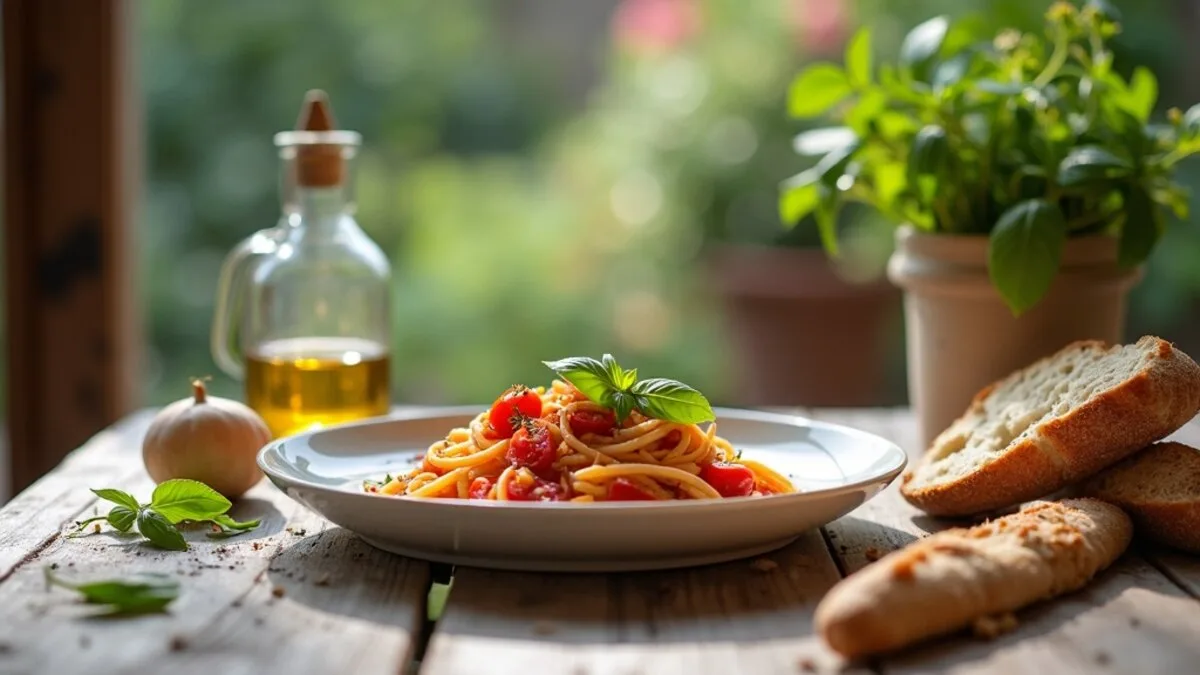 A rustic Italian table set in soft daylight with a wide bowl of vegan pasta al pomodoro, fresh basil leaves scattered on top, a torn loaf of crusty bread, a small dish of olive oil, and a glass of red wine.