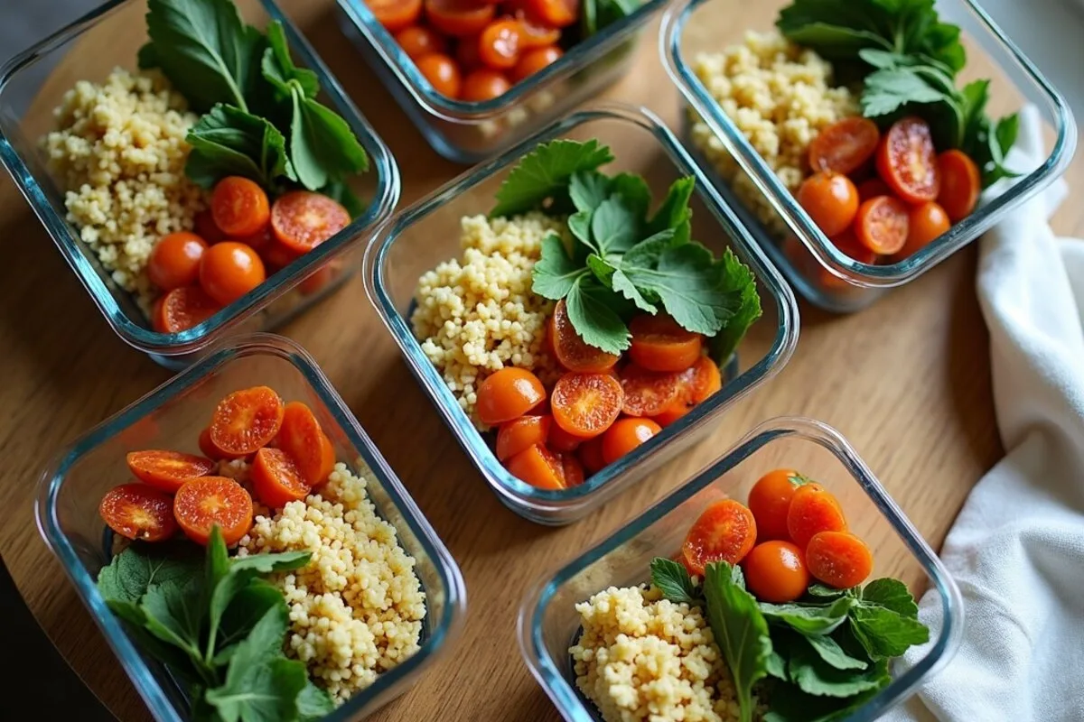 Vegan meal prep for the week: five glass containers neatly packed with colourful plant-based lunches