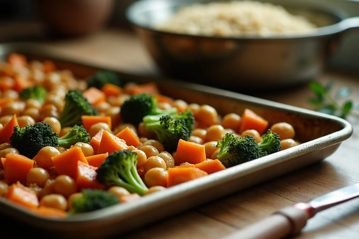 Vegan meal prep: a sheet pan of roasted chickpeas, sweet potato and broccoli beside a pot of cooked quinoa