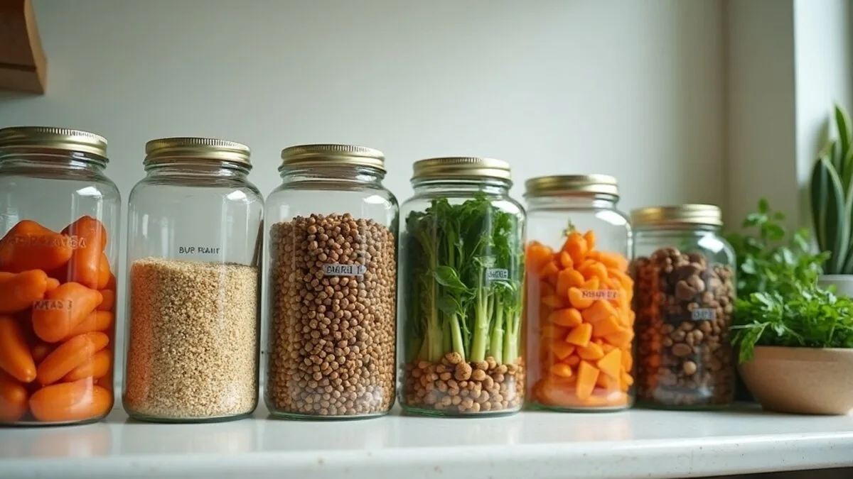 Vegan meal prep for the week: glass containers of grains, roasted vegetables, beans and greens lined up on a counter