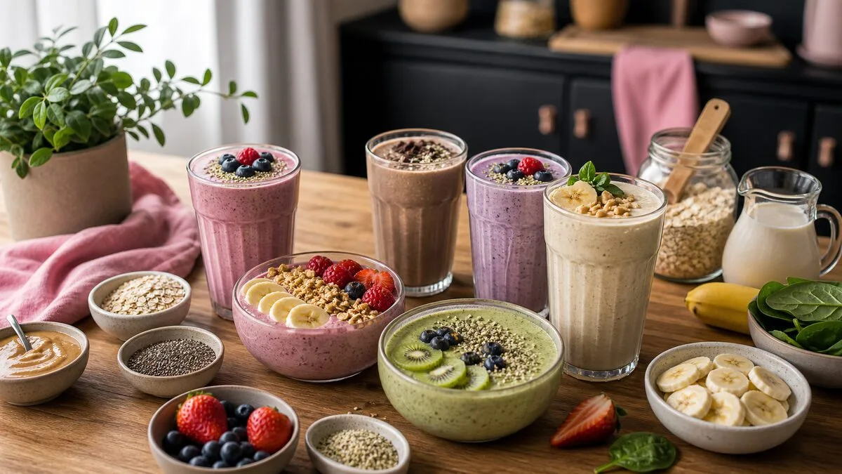 Five vegan smoothies on a wooden counter with oats, berries, banana and seeds