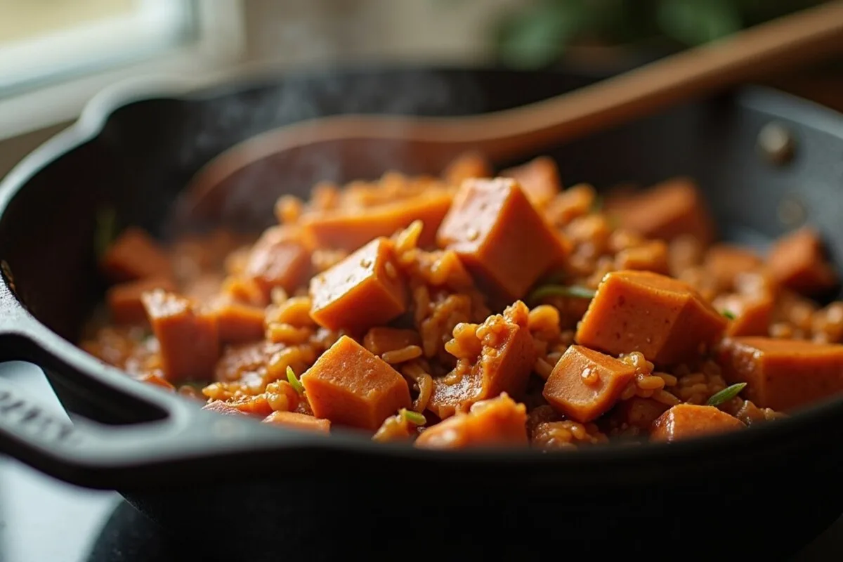 Young jackfruit simmering in smoky barbecue sauce in a cast-iron pan