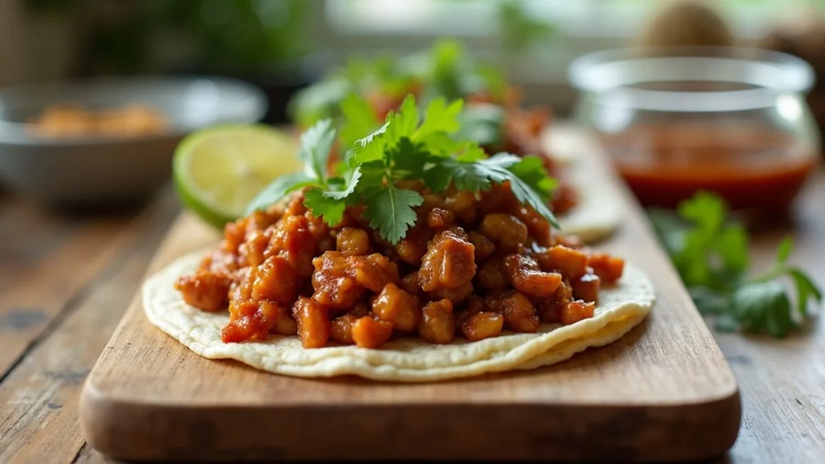 Smoky vegan pulled jackfruit tacos on a wooden board with coriander and lime