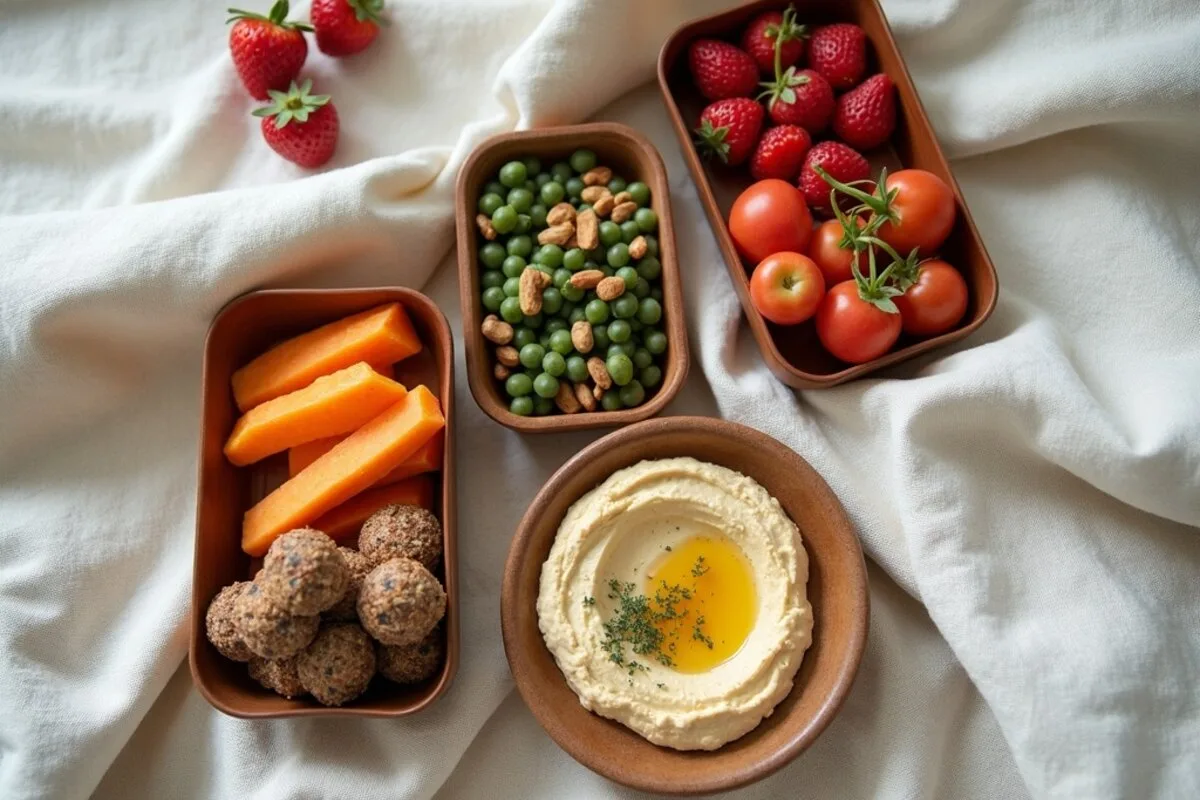 Overhead flatlay of homemade vegan road trip snacks in reusable containers on a wooden table: a tub of energy bites, a jar of hummus with carrot and pepper sticks, a jar of trail mix, sliced apples and oranges, and oat bars.