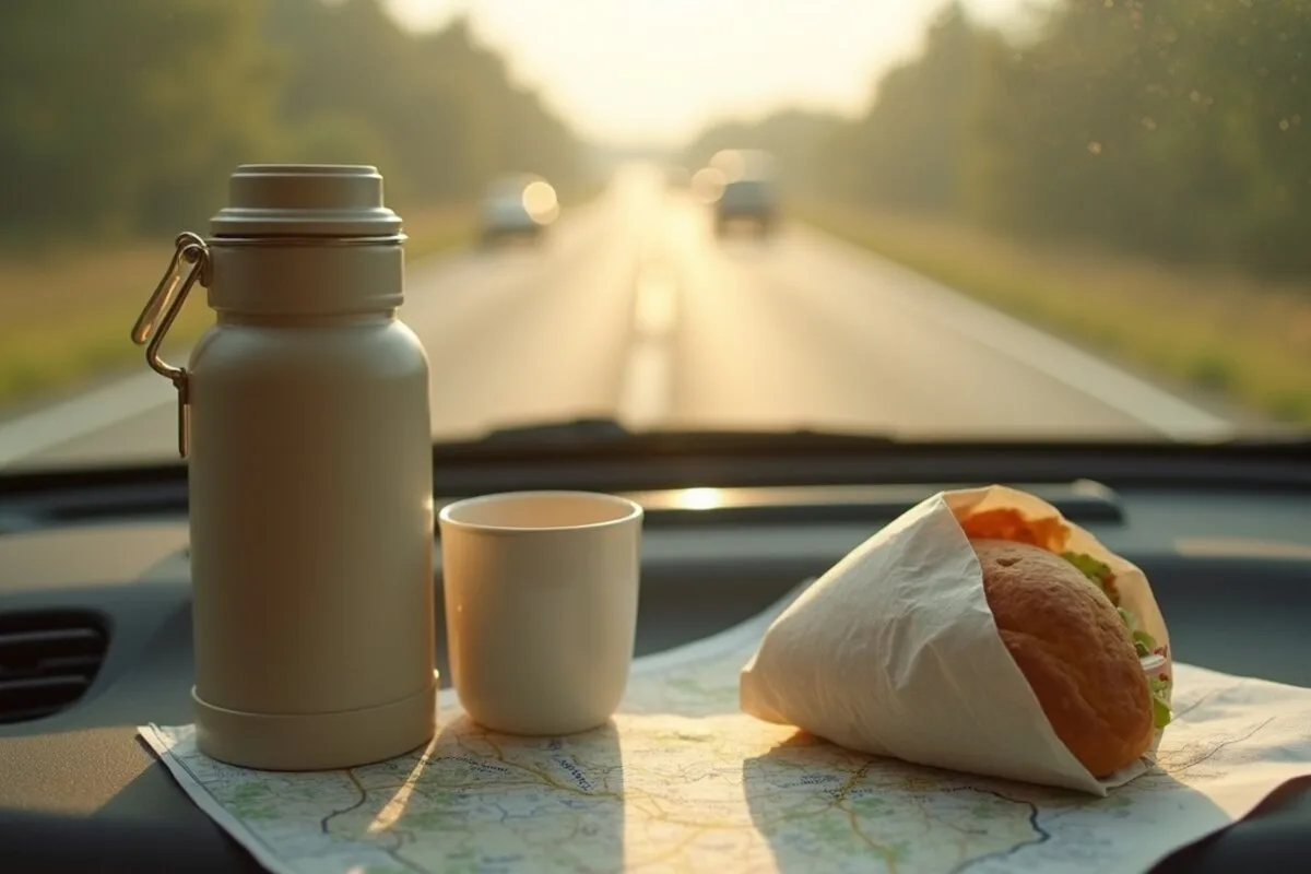 A reusable steel flask of coffee and a sandwich wrapped in brown paper resting on a sunlit car dashboard beside a folded paper road map.