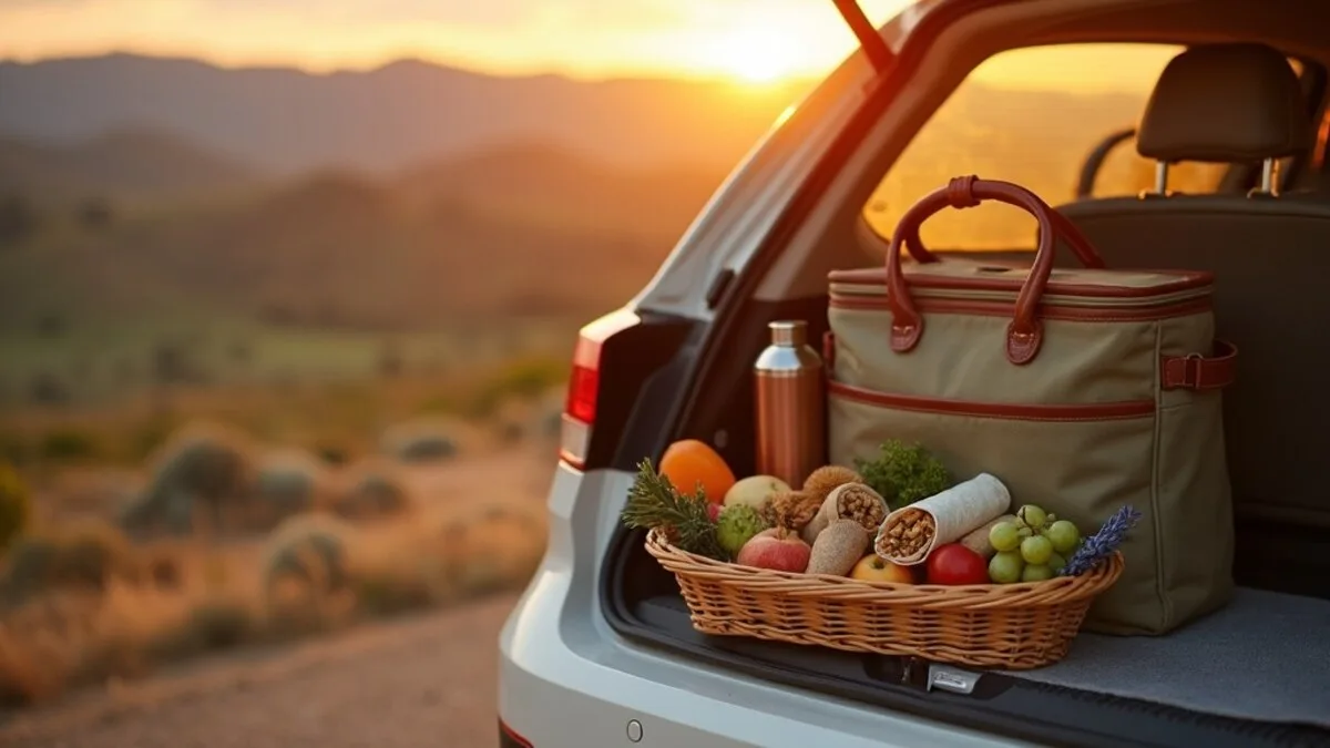 A packed soft cooler bag open on a car tailgate beside a basket of vegan road trip snacks: a jar of hummus, carrot and pepper sticks, a tub of energy bites, trail mix, fruit, oat bars, and a reusable flask of coffee.