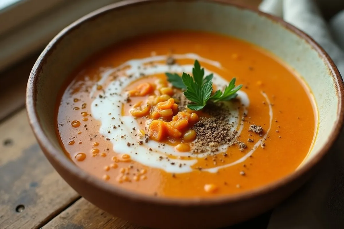 Golden red lentil vegan soup in a bowl, swirled with coconut milk and scattered with coriander and black pepper
