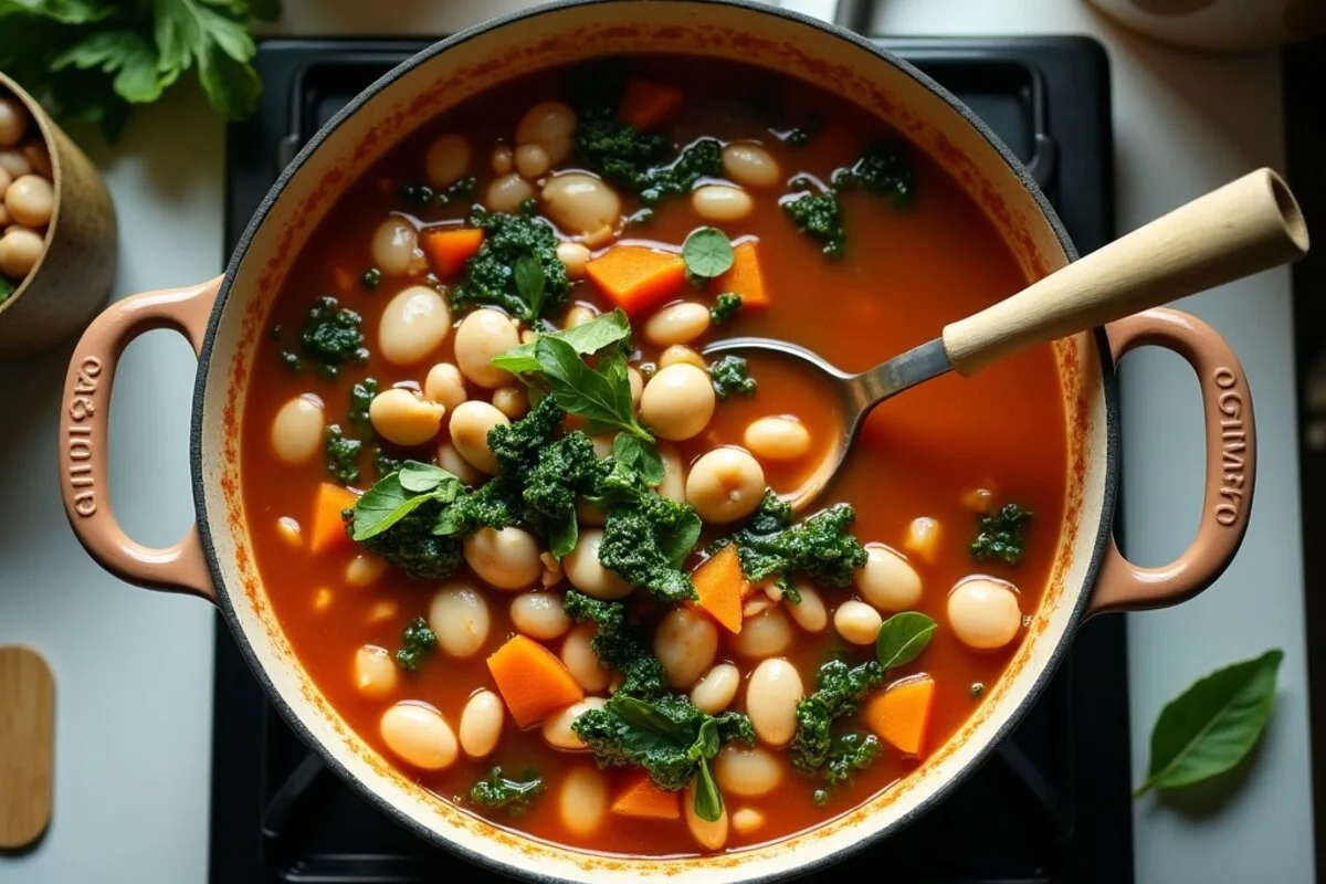 Vegan soup recipes: a big pot of chunky minestrone with beans, pasta and greens, ladle resting in it