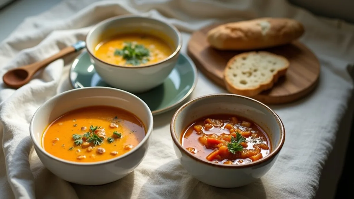 A spread of vegan soup recipes: golden red lentil soup, roasted squash soup and minestrone with crusty bread