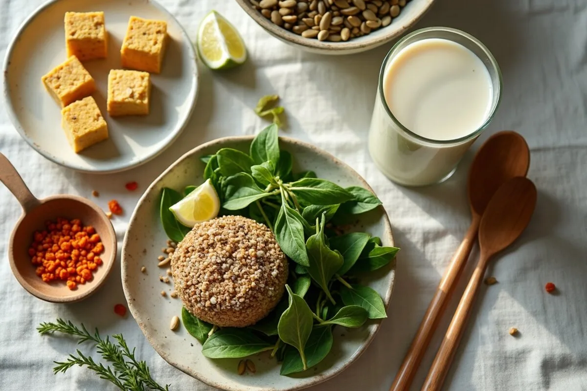 A flatlay of plant-based foods rich in nutrients: tofu, lentils, seeds, leafy greens and fortified plant milk