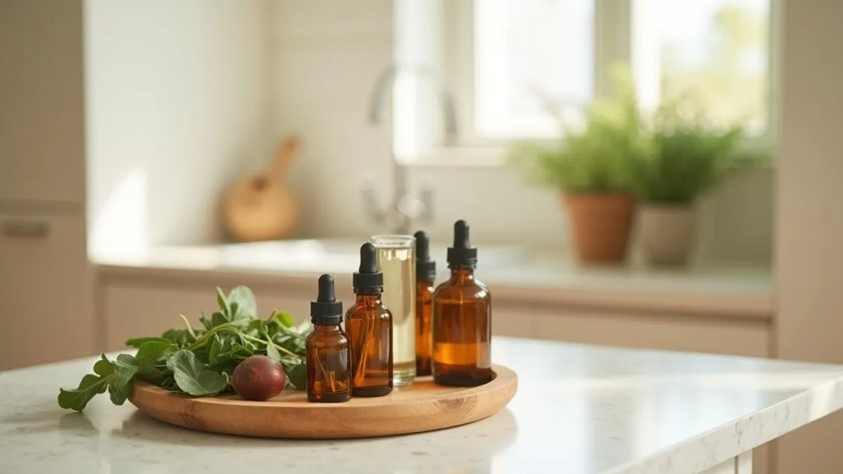 A wooden tray with supplement bottles, a glass of water and leafy greens on a kitchen counter
