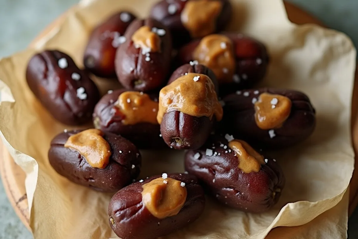 Vegan sweet treats: medjool dates stuffed with peanut butter and dipped in dark chocolate with flaky salt