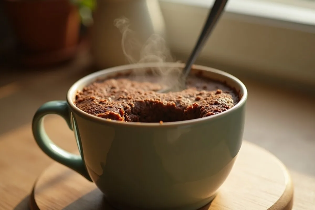 Vegan sweet treat: a single-serving vegan chocolate mug cake with a spoon, steam rising