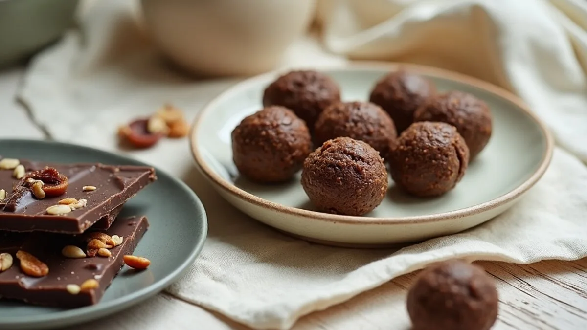A plate of vegan sweet treats: no-bake energy balls, chocolate stuffed dates and dark chocolate bark