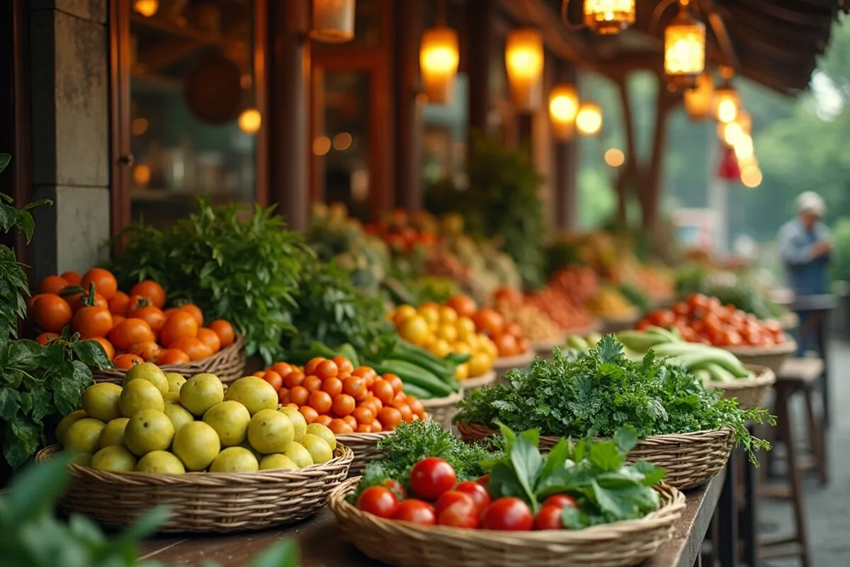 A Thai market stall with baskets of tropical fruit, vegetables and fresh herbs