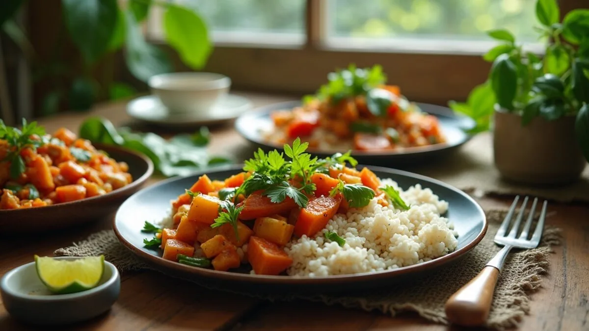 A colourful vegan Thai meal spread with herbs, rice and vegetable curries on a wooden table