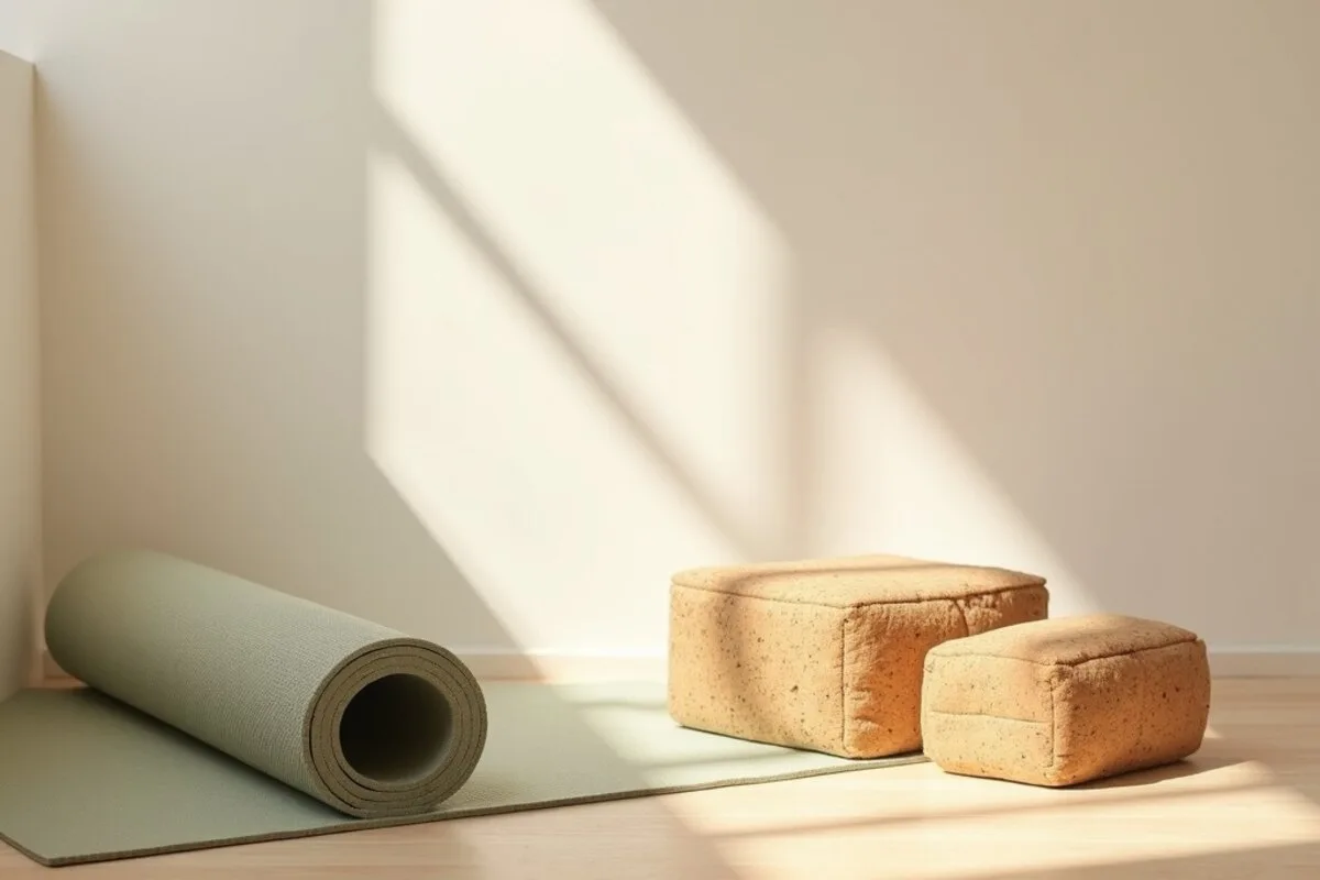 A rolled yoga mat, a folded grey blanket, and two cork blocks resting against a pale wall on a wooden floor