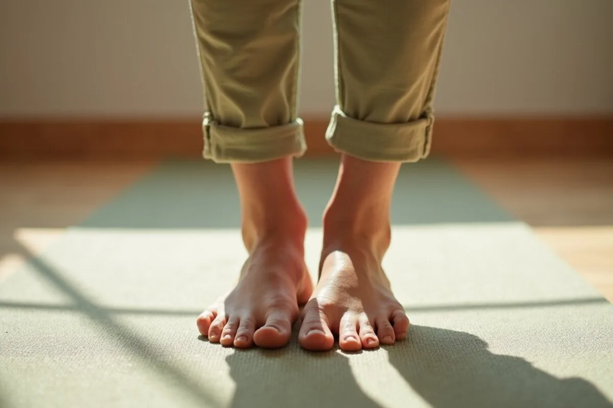 Bare feet planted hip-width apart on a yoga mat, weight settled evenly in a calm standing pose