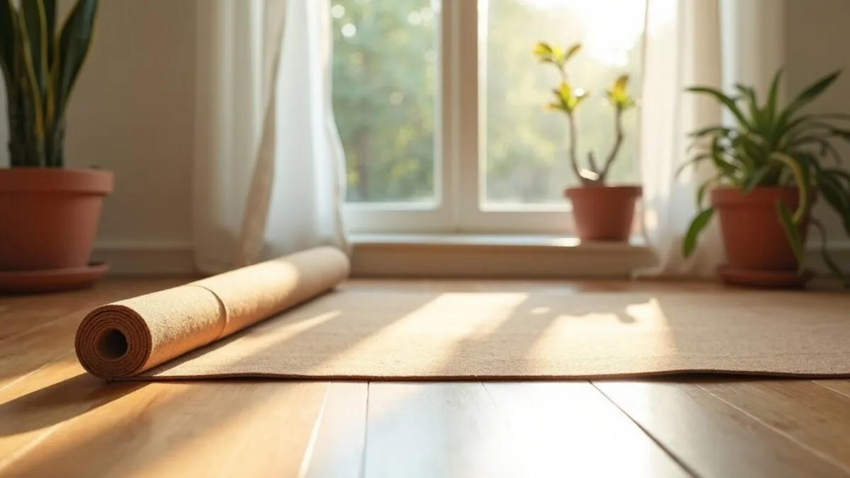 A serene home yoga corner with a rolled mat by a sunlit window, a folded blanket, and two cork blocks on a pale wooden floor