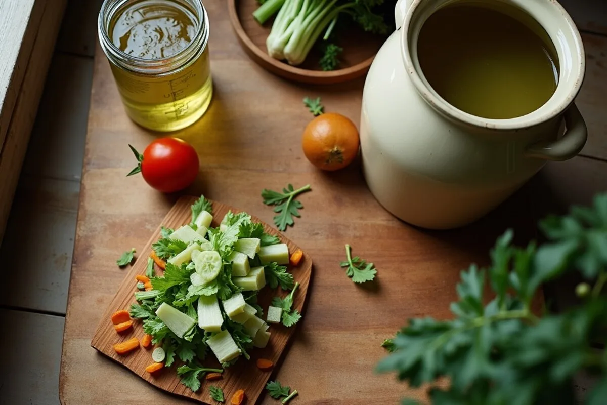 A wooden board on a kitchen counter holding vegetable scraps: onion skins, carrot ends, celery tops and herb stems, beside a small ceramic compost crock and a glass jar of golden homemade vegetable stock.