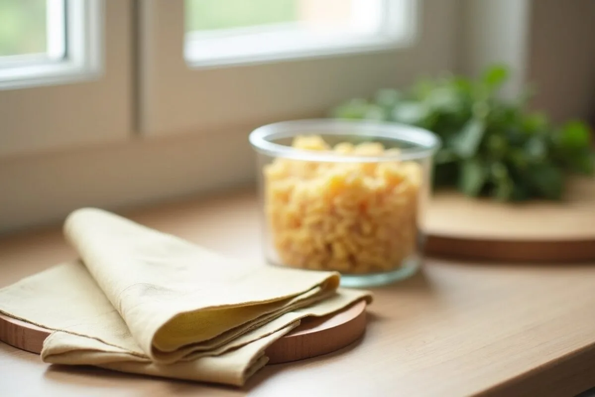 A kitchen counter in soft light with folded beeswax wraps in muted patterns, a small stack of cloth napkins, and a glass leftovers container with a bamboo lid holding cut vegetables.
