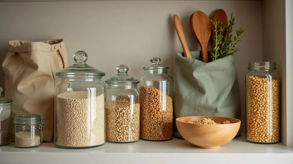 A calm zero-waste kitchen shelf in soft daylight: rows of glass jars holding grains, beans, and pasta, a small stack of cloth produce bags, a beeswax wrap, and a compost crock on the counter below.