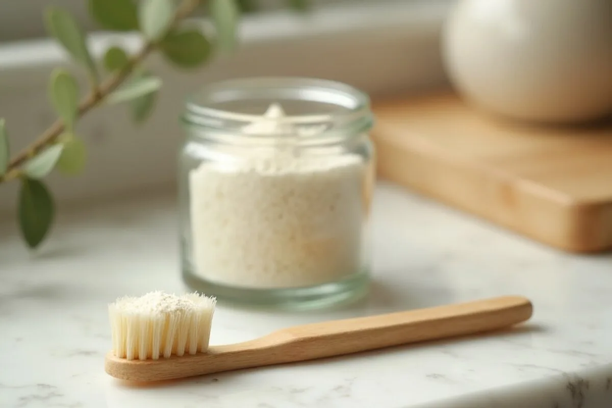 A zero waste oral hygiene routine in progress: a bamboo toothbrush and a replaceable-head brush resting in a ceramic cup beside a small glass jar of tooth powder on a bathroom shelf.
