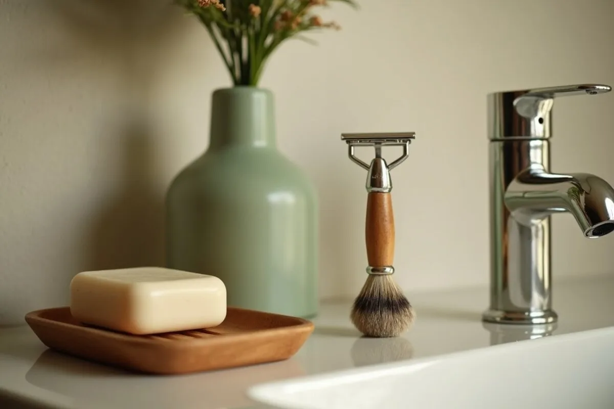 A wider zero waste bathroom shelf supporting the oral hygiene routine: a glass vial of silk floss, a metal tongue scraper, a tin of toothpaste tablets, and a stacked bar of soap and shampoo by a metal safety razor.
