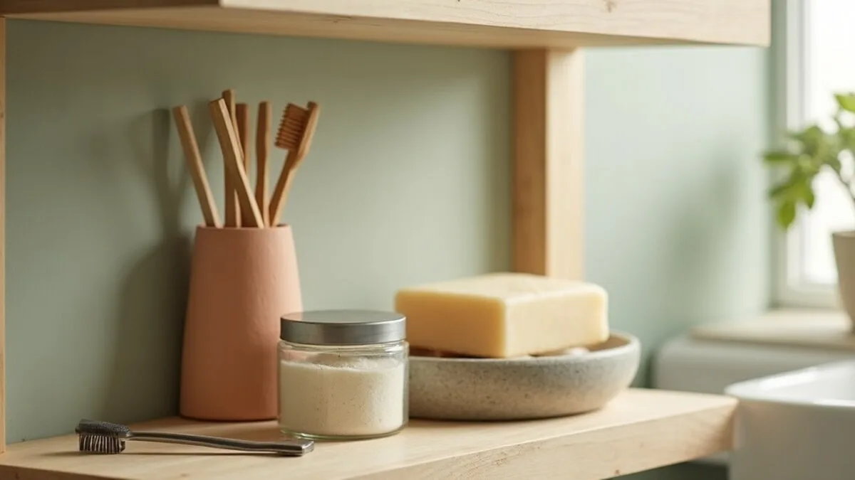 A zero waste oral hygiene routine shelf in soft daylight: a bamboo toothbrush in a holder, a glass jar of tooth powder, a metal safety razor, a bar of soap on a dish, and a small tin of floss.
