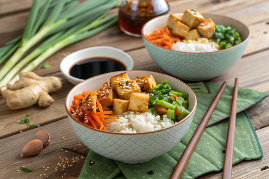 Asian vegan bowls with tofu, miso, and vegetables