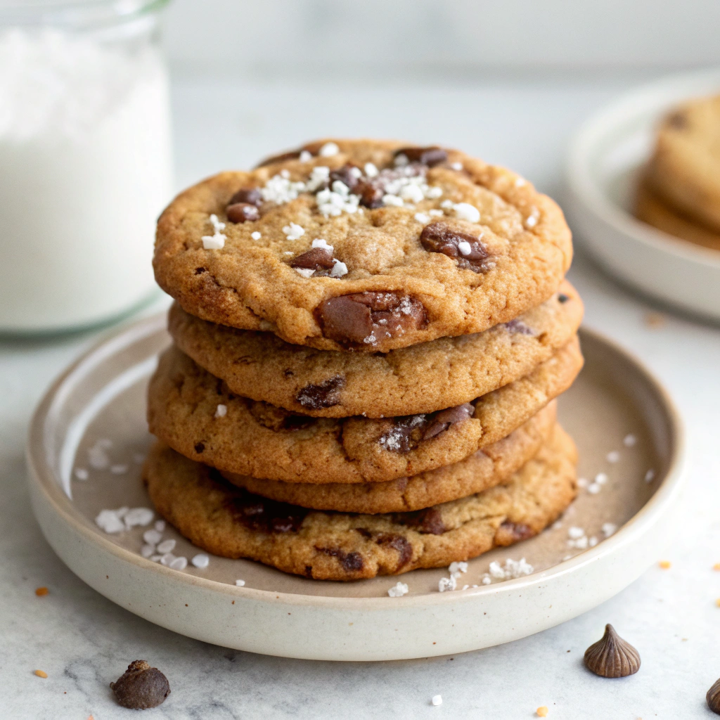 Stack of chocolate chip cookies with sea salt
