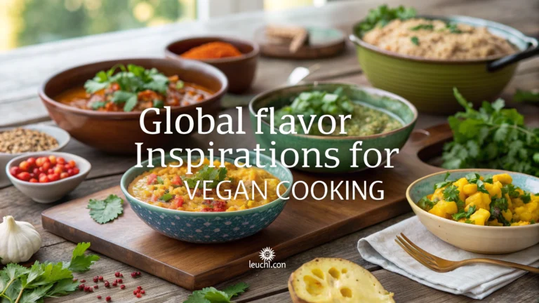 Colorful vegan dishes from around the world on a rustic wooden table with herbs and spices. Global Flavor Inspirations for Vegan Cooking
