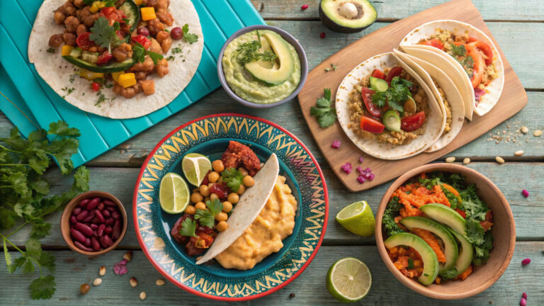 Flat lay of global vegan dishes including Mediterranean hummus, Asian tofu stir-fry, Mexican tacos, and Indian curry on a rustic wooden table. global flavor inspirations for vegan cooking