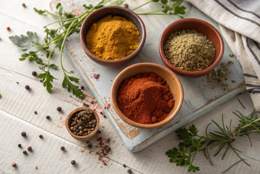 Assorted global spice blends for vegan cooking in small bowls